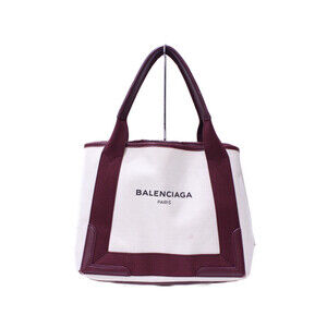 BALENCIAGA Navy Blue Cabas Shoulder Canvas Leather Handbag Off-White Bordeaux